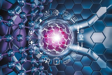 Poster - Modern futuristic background of the scientific hexagonal pattern virtual abstract background with particle molecule structure for medical technology chemistry science social network vector