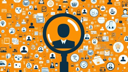 Poster - Magnifying Glass over Profile Symbol with Business Icons Background