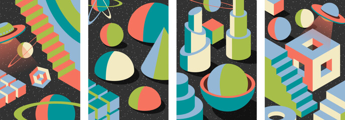 Wall Mural - retro inspired psychedelic poster set with optical illusions. vibrant 70s and 80s aesthetics feature