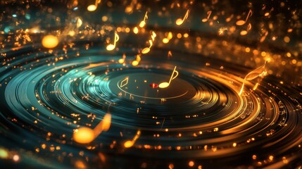 Poster - Musical Notes Floating Above Vibrant Circular Waves in Glittering Light