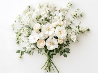 Aufkleber - Elegant White Floral Arrangement with Ranunculus, Roses, and Delicate Greens on Soft Background Perfect for Weddings, Events, and Decorative Use