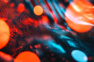 Poster - Abstract composition featuring vibrant dots and gradients fluctuating in red, blue, and orange hues, creating a captivating visual texture for backgrounds and creative projects.