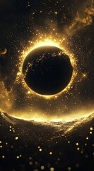 Wall Mural - dark black background with a bright golden halo surrounding a black hole, surrounded by luminous par