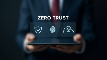 Poster - Exploring the Zero Trust Security Concept: A Person Using a Tablet Surrounded by Virtual Security Icons for Business Information Protection