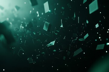 Poster - Abstract Floating Geometric Shapes in Dark Green Teal Background with Subtle Light Effects Creating a Dreamy and Surreal Visual Atmosphere for Modern Designs