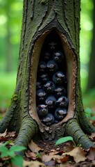 Wall Mural - a large colony of black bats roost in a hollowed-out tree trunk on a serene forest floor, undergrowt
