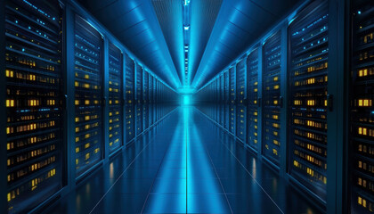 Aufkleber - A mesmerizing view of a cutting-edge data center illuminated in blue and yellow hues, showcasing advanced server racks lining a sleek, reflective corridor.