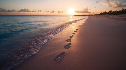 Wall Mural - footprints in the sand at sunset along a serene beach with gentle waves and a colorful sky