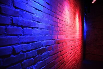 Poster - Colorful illuminated brick wall background in vibrant shades of blue and red ideal for creative design, photography, or artistic projects showcasing texture and ambiance