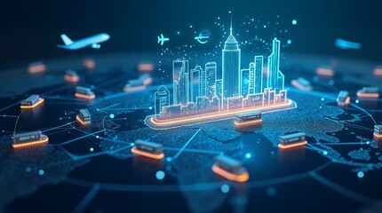 Aufkleber - Dynamic Visualization of Real-Time Data Display with Routes, Cargo Tracking Icons, and Glowing Connections Between Global Cities for Enhanced Logistics and Tracking Solutions
