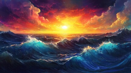 Poster - Vibrant Sunset Over Ocean Waves in a Dramatic Color Palette