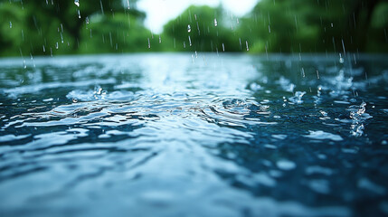 Wall Mural - vibrant and refreshing image of raindrops splashing on calm water surface, creating ripples and reflecting surrounding greenery. scene evokes sense of tranquility and nature beauty