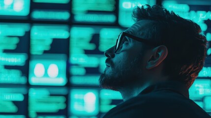 Poster - A contemplative individual observes glowing screens filled with data, highlighting technology and the digital landscape.