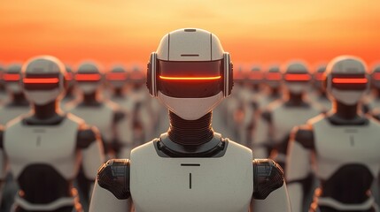 Poster - A futuristic scene featuring a line of humanoid robots with glowing eyes against a sunset backdrop.