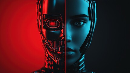 Poster - A striking image depicting a robotic face split between a mechanical design and a human-like appearance, enhanced by contrasting colors.