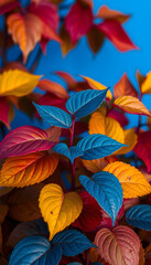 blue plant leaves in the nature in fall season, blue background, Colored gel lighting. isolated with white highlights