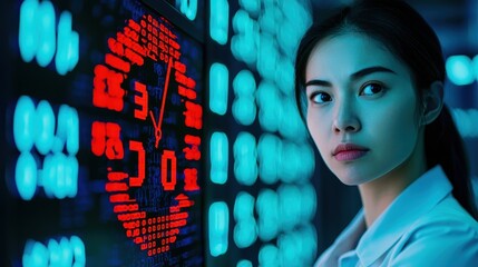 Poster - A focused woman stands in front of a digital display, showcasing a clock and vibrant data elements, embodying a blend of technology and modernity.