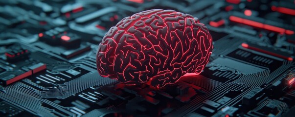Poster - A digital brain rests on a circuit board, illuminated in red, symbolizing the intersection of technology and neuroscience.