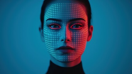 Poster - A striking portrait of a woman with a digital grid overlay, illuminated in blue and red, blending technology and artistry.