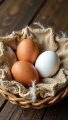 Wall Mural - An arrangement of brown and white eggs resting on top of an abundance of soft feathers in a woven burlap container, burlap, rustic, natural