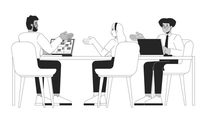 Fototapete - Three people colleagues discussing work at desk black and white 2D line characters. Cooperation teamwork coworkers multicultural isolated vector outline people. Monochromatic spot illustration
