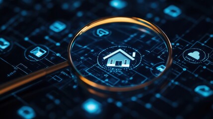 Poster - Digital Network Home Icon Under Magnifying Glass Concept