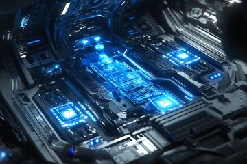Poster - Futuristic Tech Environment with Glowing Circuitry: High-Tech Surface for Science Fiction Digital Projects and Modern Visual Media Elements