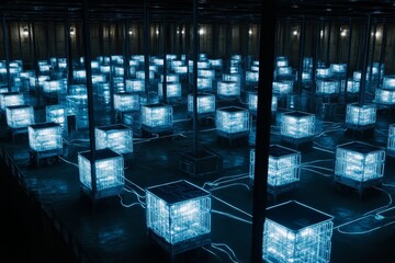Poster - Futuristic Warehouse with Neon Cubes and Glowing Wires in a Dark Environment, Representing Advanced Technology and Digital Innovation in Urban Design