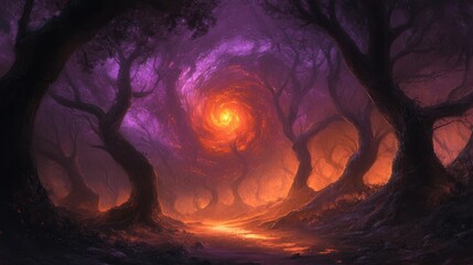 Poster - Mystical Forest Pathway with Swirling Galaxy in Dark Atmosphere