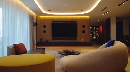 Fototapete - Modern space with a wall-mounted flat-screen TV, curved-edge furnishings, recessed ceiling lights, and a subtle mix of soft and bold colors