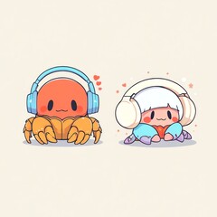 Sticker - Adorable Crab and Cute Creature with Headphones