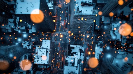 Poster - A top down view of a bustling city with glowing lines connecting buildings, vehicles, and people, symbolizing interconnectedness in an urban environment.