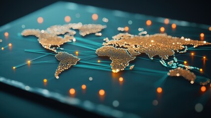 Poster - A world map projected onto a dark surface with intricate glowing lines and pulsing nodes showcasing global data flow and interconnectedness.