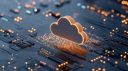 Poster - A close up image of a circuit board with glowing lines and a superimposed cloud icon, connecting physical hardware with the abstract concept of cloud computing.