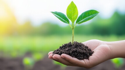 Wall Mural - A hand holding a small plant in a dirt patch