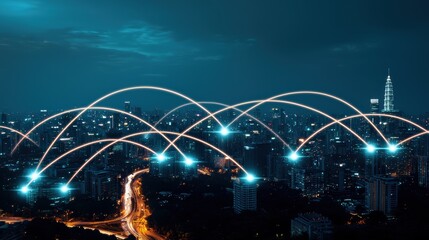 Poster - A cityscape at night with glowing lines connecting office buildings, representing the flow of information and business transactions in a globalized world.