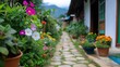 © AH TAR STOCK - A path lined with colorful flowers and potted plants leads to a house