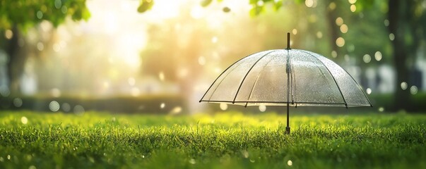 Aufkleber - Transparent umbrella standing on vibrant green grass in sunny spring day