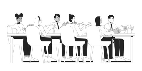 Fototapete - Multicultural colleagues clapping applauding at table black and white 2D line characters. Teamwork meeting. Applause business adults isolated vector outline people. Monochromatic spot illustration