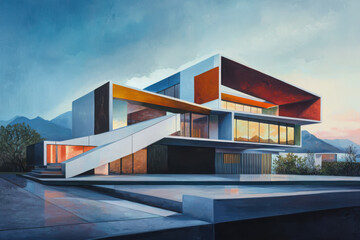 Poster - Avantgarde home design with angular shapes and bold colors in soft evening light modern architecture visual art