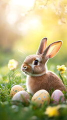 Wall Mural - Adorable easter bunny surrounded by colorful decorated eggs, enjoying spring sunshine in a vibrant meadow