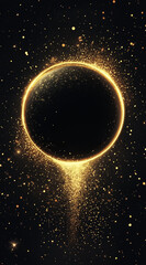 Wall Mural - dark black background with a bright golden halo surrounding a black hole, surrounded by luminous par
