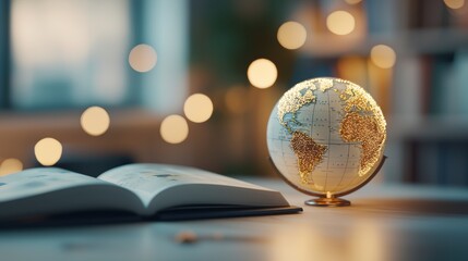 Poster - a vintage globe illuminated by soft, warm light, showcasing intricate details of continents, oceans,