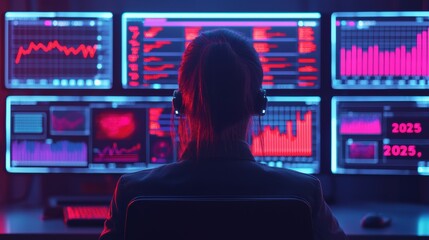 Poster - Market analyst working with futuristic charts in a glowing office