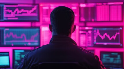 Aufkleber - Market analyst observing futuristic charts in glowing office