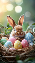 Poster - Adorable easter bunny nestled among vibrant eggs in a cozy nest, embodying the spirit of spring and celebration