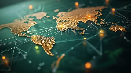 Wall Mural - A world map with lines and arrows representing global trade routes and interconnectedness of the world economies.
