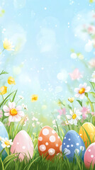 Wall Mural - Vibrant easter eggs nestled in lush grass and surrounded by colorful spring flowers, evoking a joyful and festive holiday ambiance