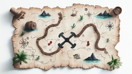Poster - a treasure map with a weathered, aged appearance, featuring cryptic symbols, hidden paths, and an x 