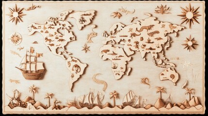 Poster - a faded, sepia toned world map from the 16th century, adorned with intricate illustrations of sea mo